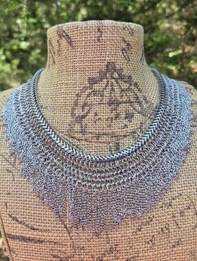Plunder Mesh Fringe Chainmail Chain Necklace Silver Tone Collar 19"